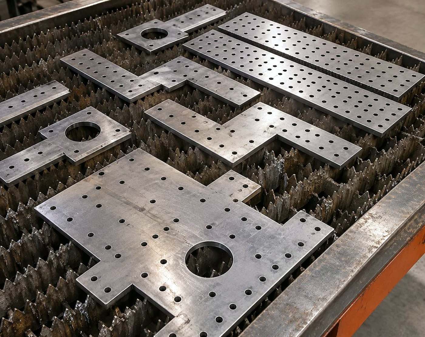 Perforated mild steel mounting plates straight off the fiber laser bed