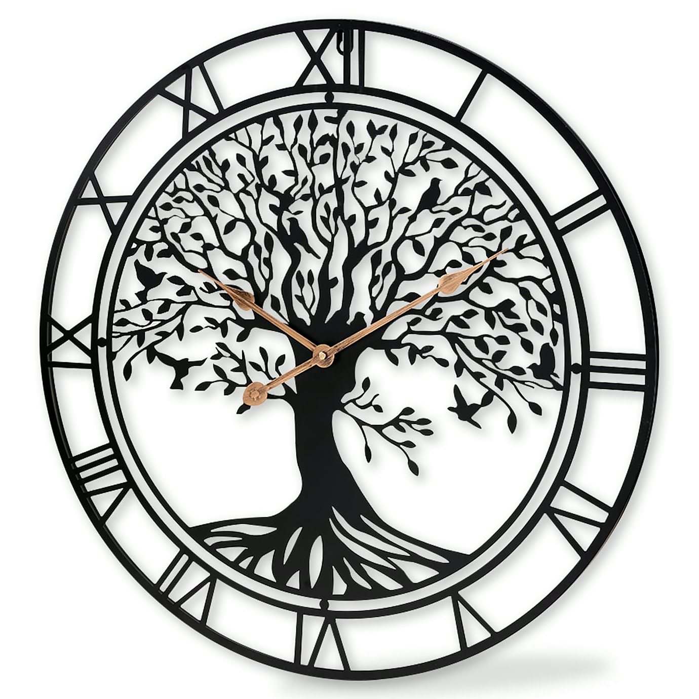 Tree of life laser-cut metal wall clock in matte black